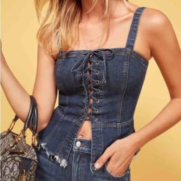 Reformation Denim - REFORMATION Denim LEXI Crop Blue Sleeveless Square Neckline Bustier Tie Front 4